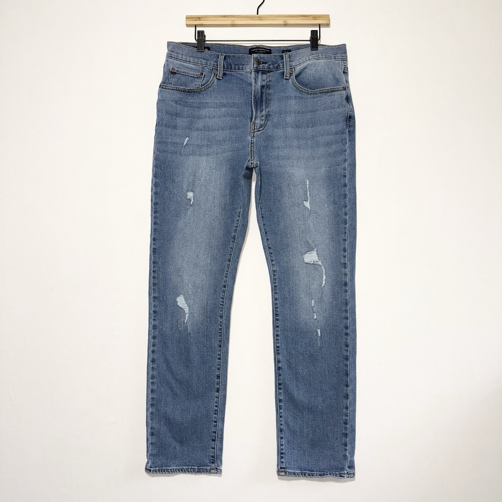 Lucky Brand 410 Athletic Slim Jeans Mens 34x32 Light Wash Blue Distressed Denim